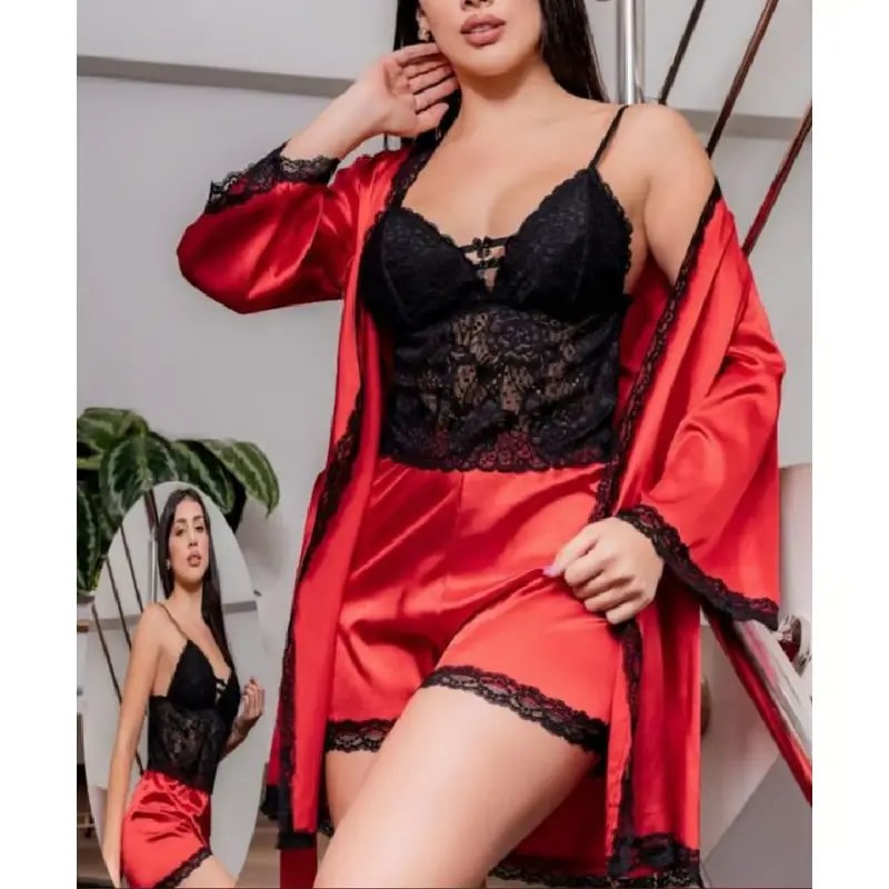 super oferta conjunto de lencera de 4 piezas bata, short, top y braga color rojo ideal para hogar y ropa interior