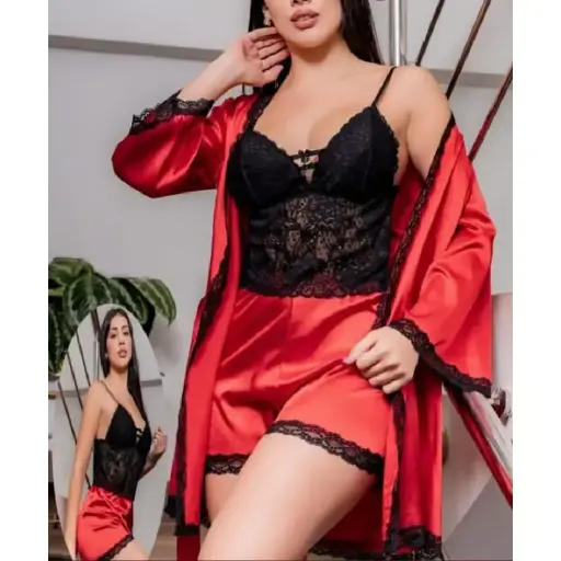 super oferta conjunto de lencera de 4 piezas bata, short, top y braga color rojo ideal para hogar y ropa interior