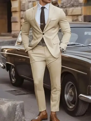 conjunto clasico color beige  de traje de dos piezas ideal para eventos elegantes 