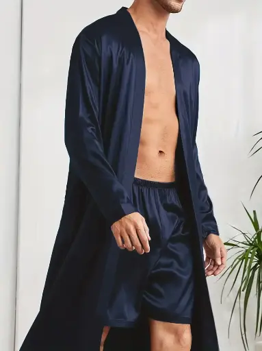 conjunto para estar en casa sexy para hombres con bermudas suaves y cortas y bata lisa color azul moda confort and intimi 