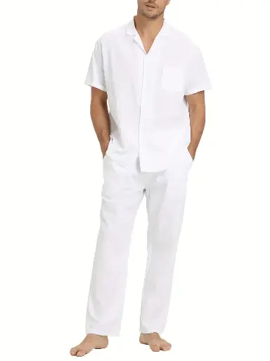 traje de lino y algodón color blanco ideal para tener confort en casa y para vestir estilo informal  y también luxery
