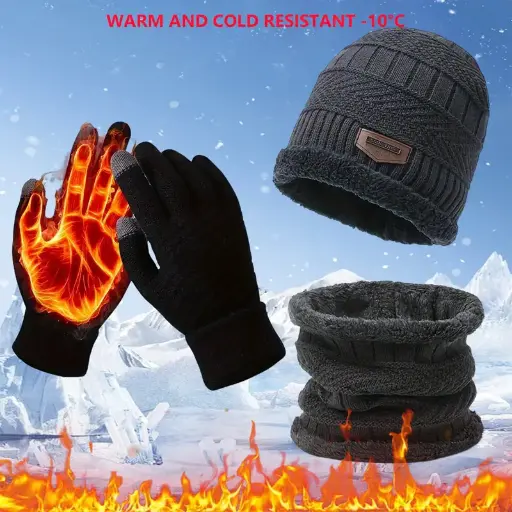 conjunto de tres piezas térmicas con guantes táctiles ,escafandra y gorro para el frio color gris moda unisex